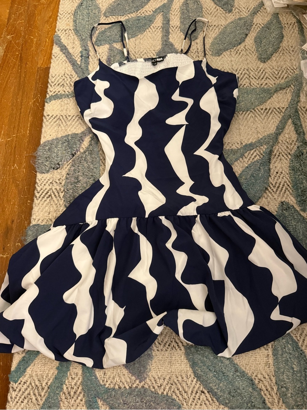 Fashion Nova Navy & White Wave-Pattern Sundress